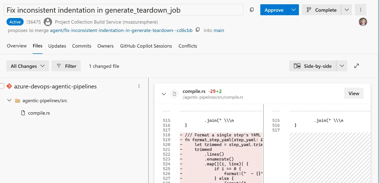 An image of an agent created PR fixing tabulation of the compiler