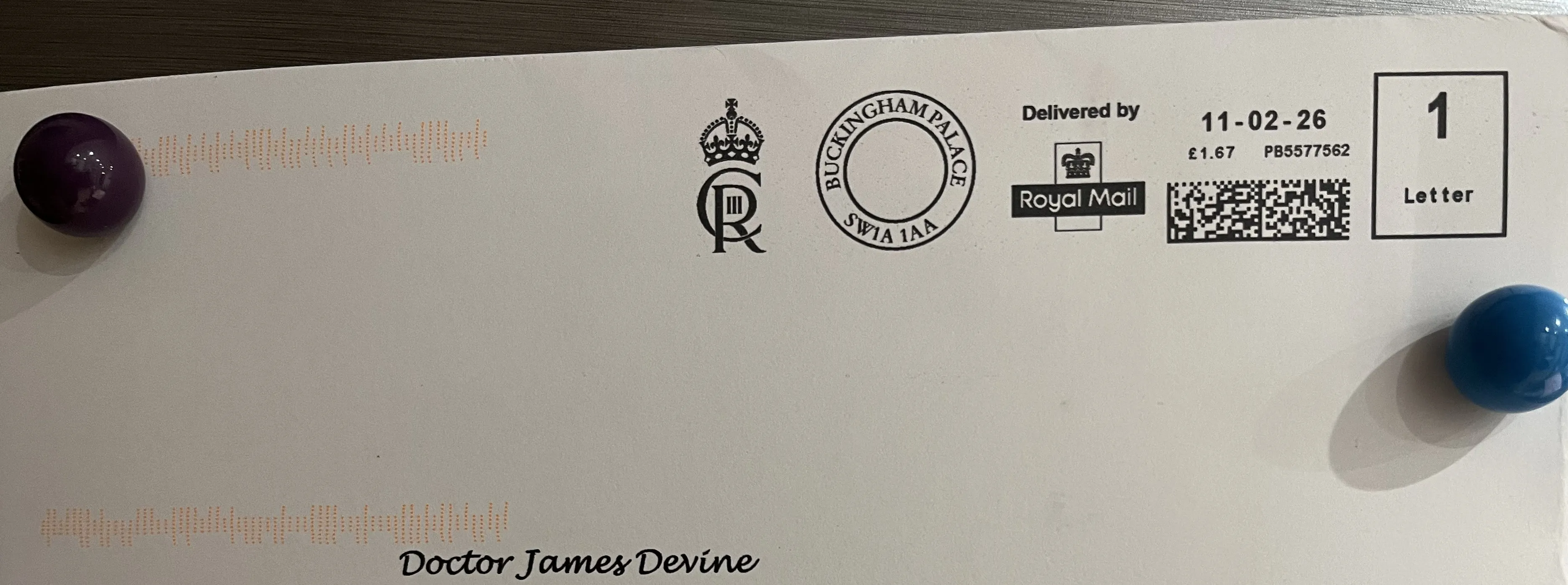 Letter from the king addressed to James Devine